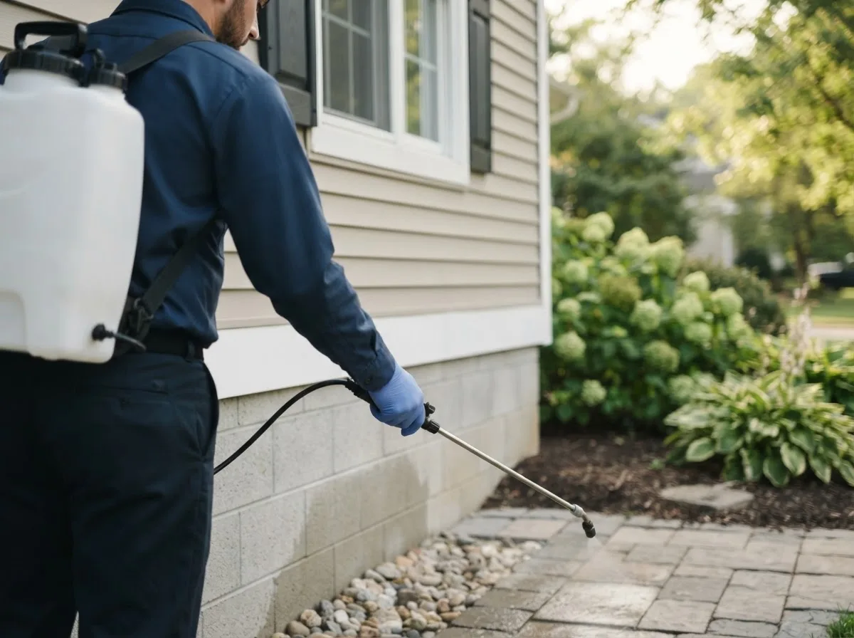 Pest control technician inspecting a home in Titusville, NJ